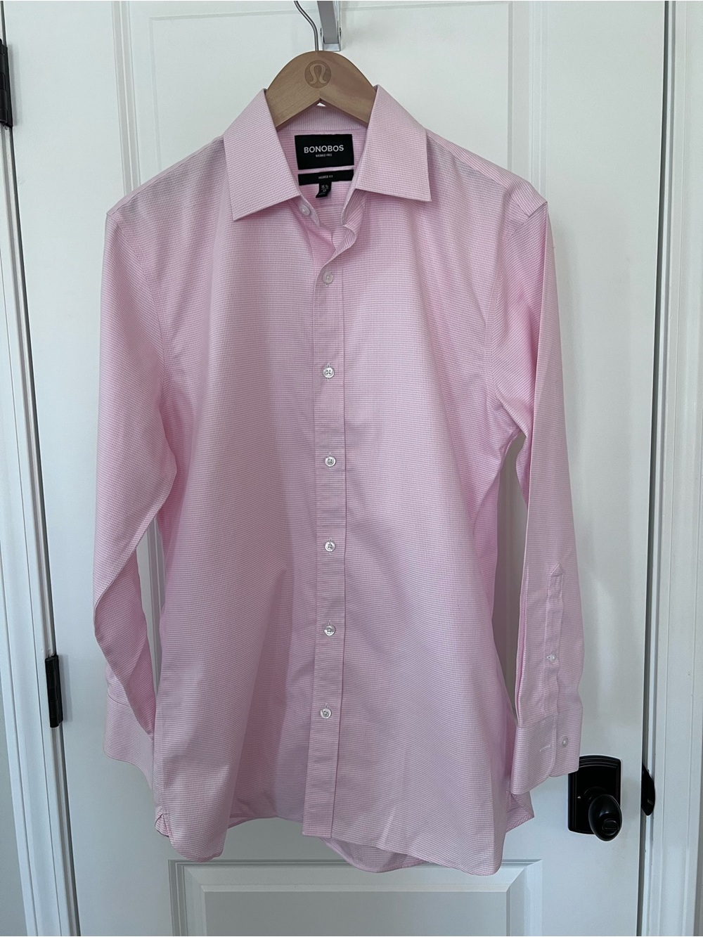 Bonobos Buttondown Shirt Pink Check Tailored Fit Wrinkle Free Size 15.5, 32 EUC